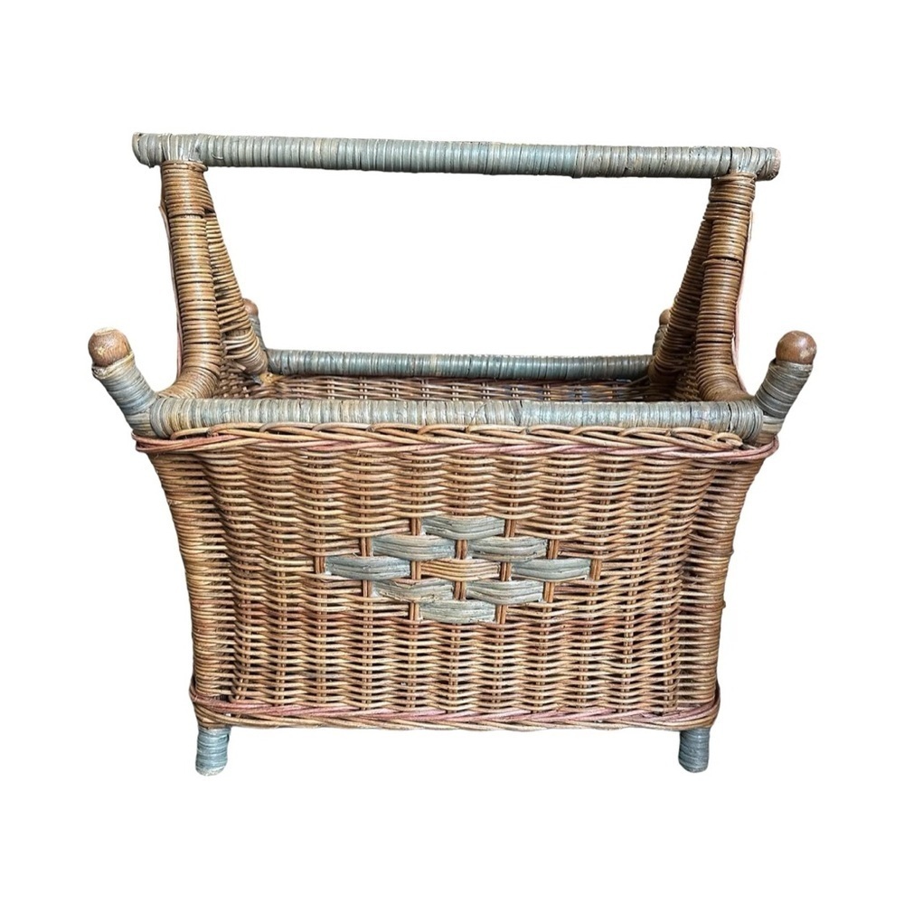 Vintage Large Wicker Magazine Blanket Basket Sage Green and Beige